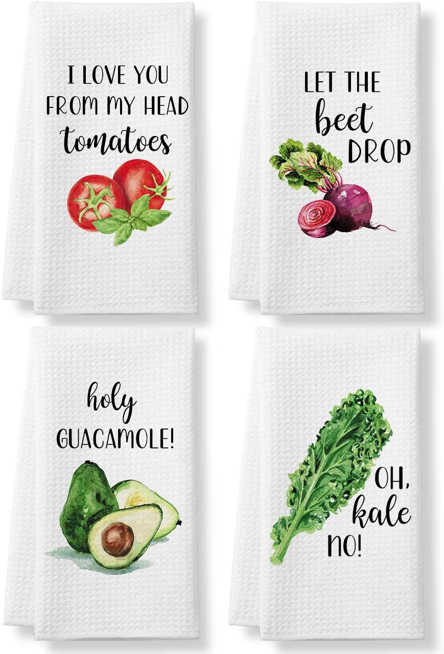Funny Kitchen Tea Towels Foodie Housewarming Gift- Set of 4 Dish Waffle Vegetables Towels Gift for Wedding Shower Fun Hostess Kitchen Decor Christmas