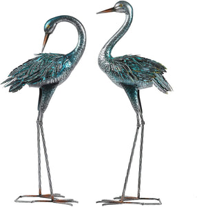 Kicust Garden Crane Statue for Outdoor, Blue Heron Decoy Garden Sculptures and Statues, Metal Bird Yard Art for Lawn Patio Decor, Set of 2