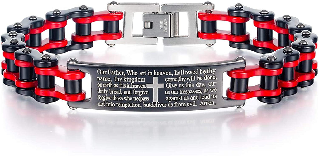 Men's Bracelet Stainless Steel 12.5mm Motorcycle Bicycle Biker Chain Bracelet Lords Prayer Cross Christian Religious Jewelry, 9inches