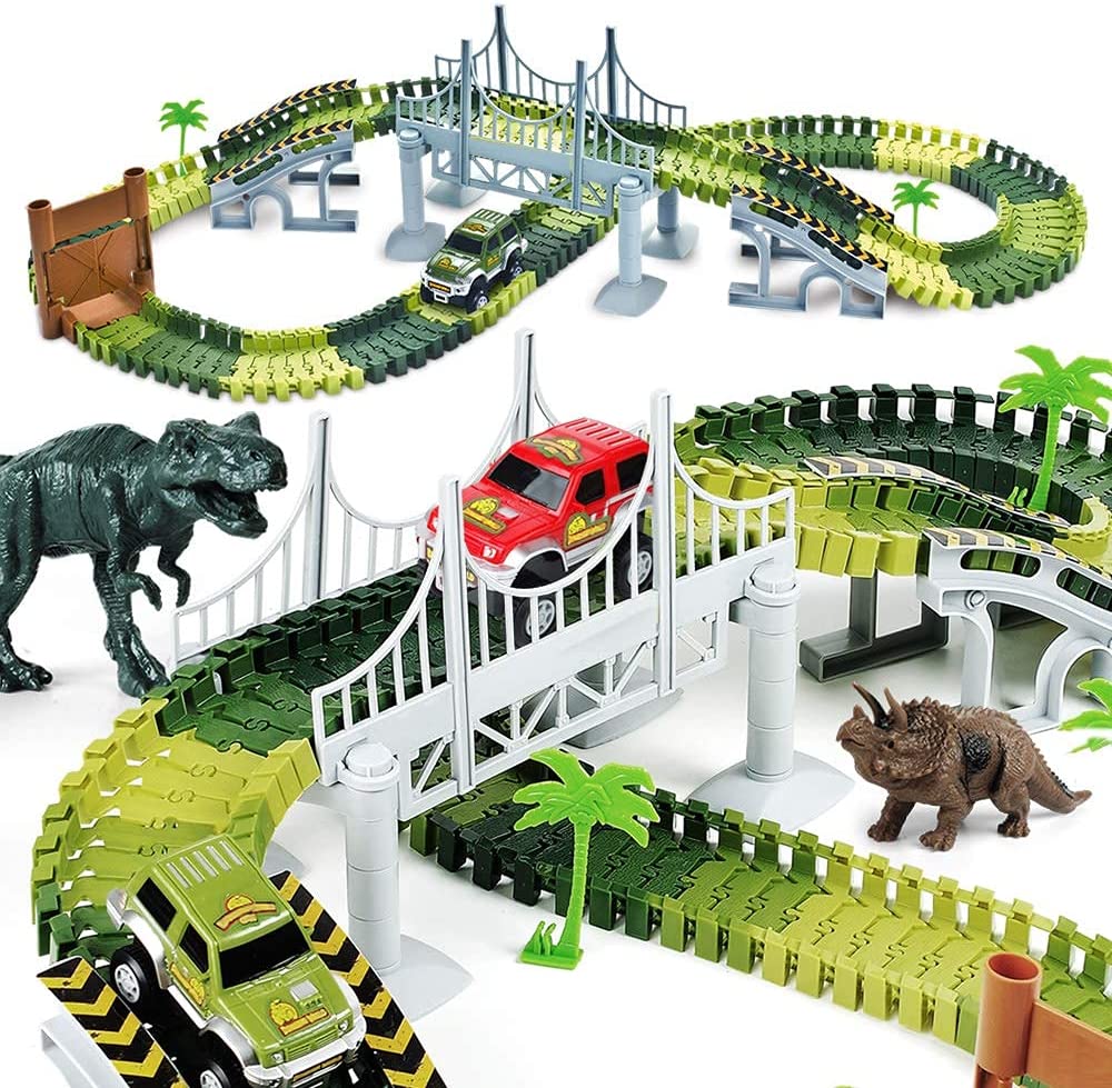 AUUGUU Kids Dinosaur Race Car Track with Flexible Track, Dino Toys, Bridge, Ramps and 2 Race Car Toys Prehistoric Race Track for Kids Age 3-5