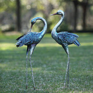 Kicust Garden Crane Statue for Outdoor, Blue Heron Decoy Garden Sculptures and Statues, Metal Bird Yard Art for Lawn Patio Decor, Set of 2