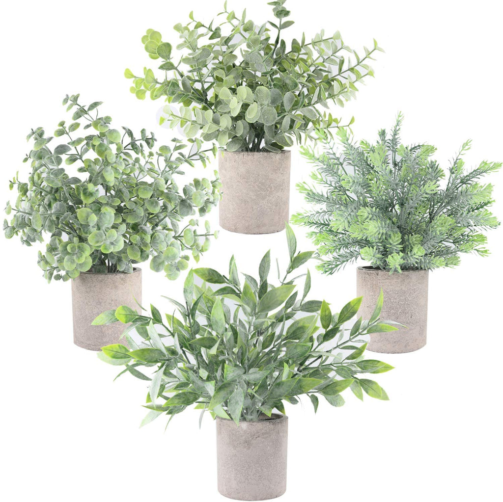 Zuvas 4 Pack Fake Plants Mini Potted Artificial Plants Faux Plants Indoor Plastic Eucalyptus Greenery in Pots, Herbs Plants Decor for Home Bathroom Of