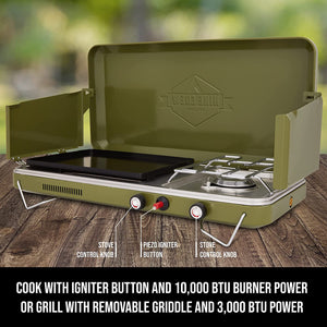 Hike Crew 2-in-1 Gas Camping Stove | Portable Propane Grill/Stove Burner w/ Integrated Igniter & Stainless Steel Drip Tray | Built-in Carrying Handle,