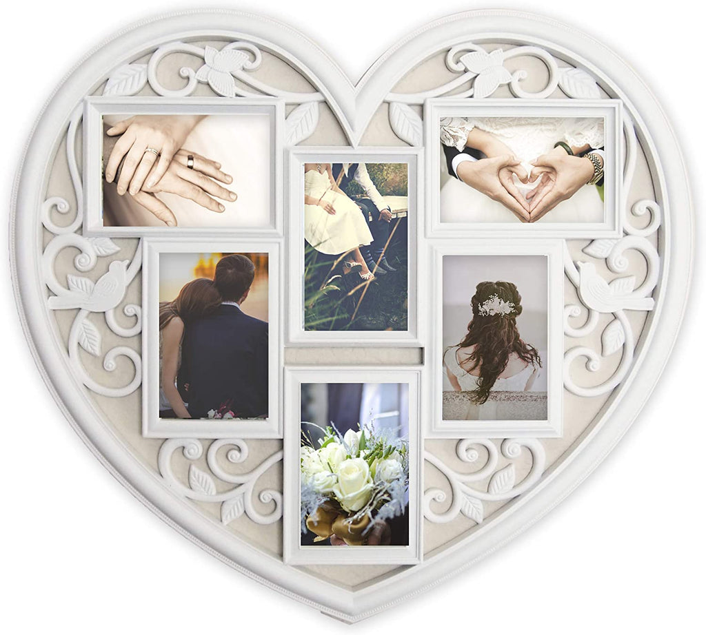 JOICE GIFT White Wall Large Hanging Heart Shape Collage Picture Frame 6 Opening 4" x 6"