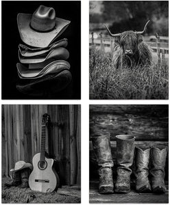 Western Cowboy Wall Art, Highland Cow Wall Art Print, Western Boots Straw Hat and Longhorn Decor Cowboy Wall Art, Vintage Farmhouse Canvas Wall Art fo