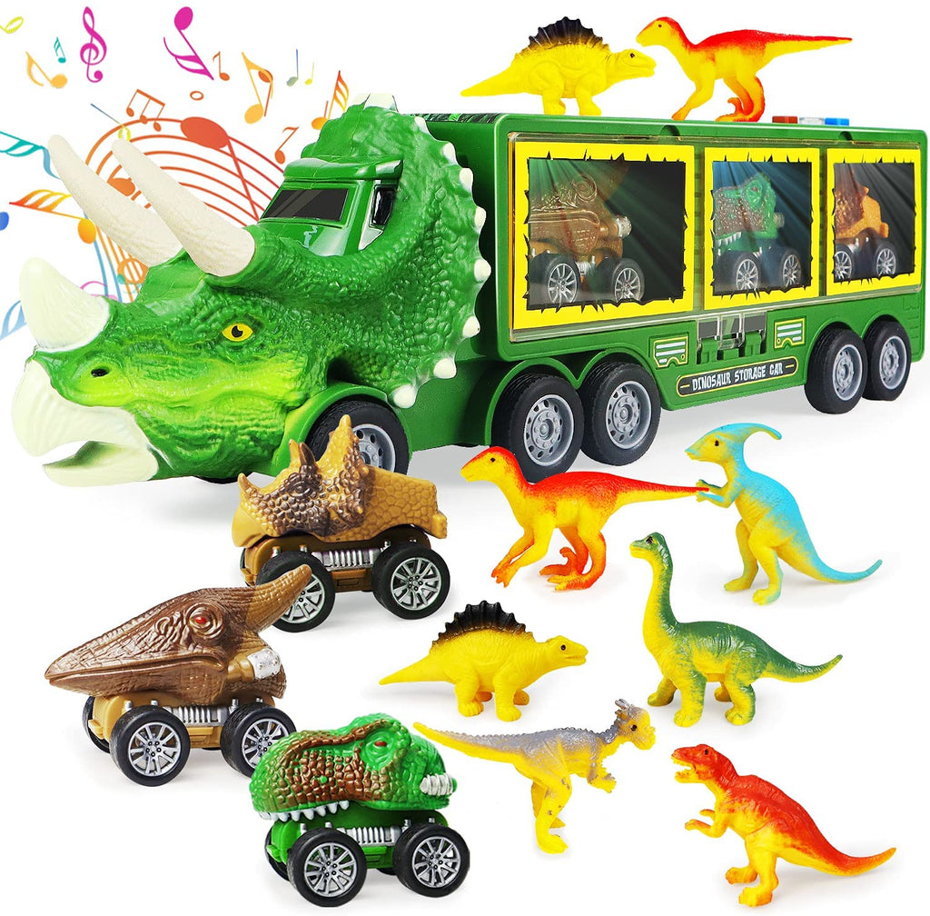 Dinosaur Toy Truck for Kids 3-7 with Flashing Lights, Music and Roaring Sound, 10 in 1 Dinosaur Toys for Boys and Girls, 3 Pull Back Dinosaur Cars, 6