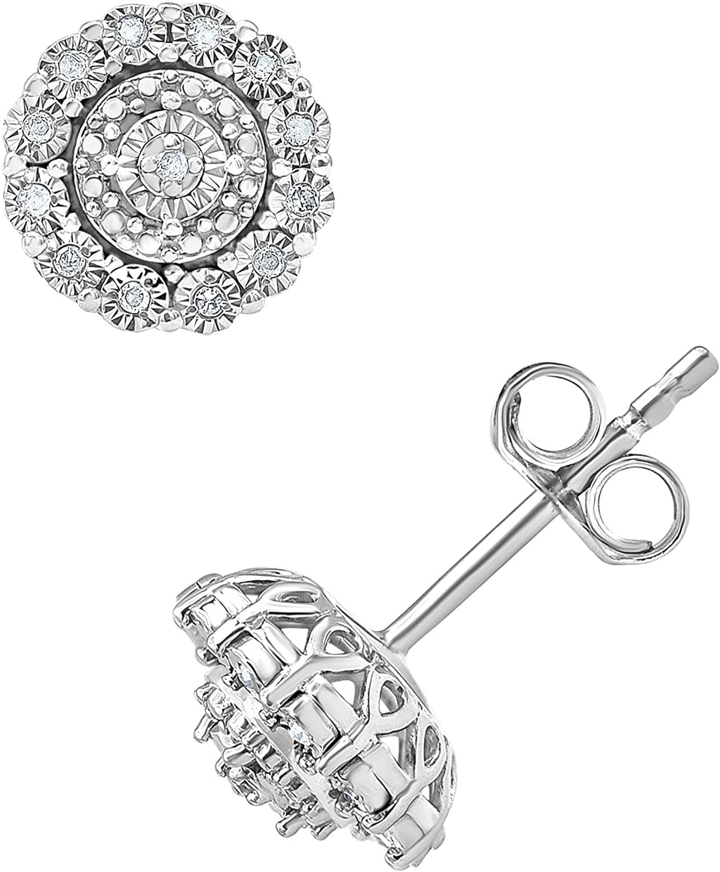 1/10 Carat Diamond, Prong-Set Sterling Silver White Round Diamond Miracle Cluster Halo Stud Earring (I-J, I2-I3)