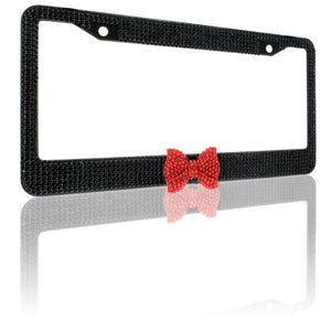 7 Rows of Black Crystal Diamond Rhinestone Bling License Plate Frame with Center Red Bow Matching cap covers