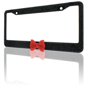 7 Rows of Black Crystal Diamond Rhinestone Bling License Plate Frame with Center Red Bow Matching cap covers