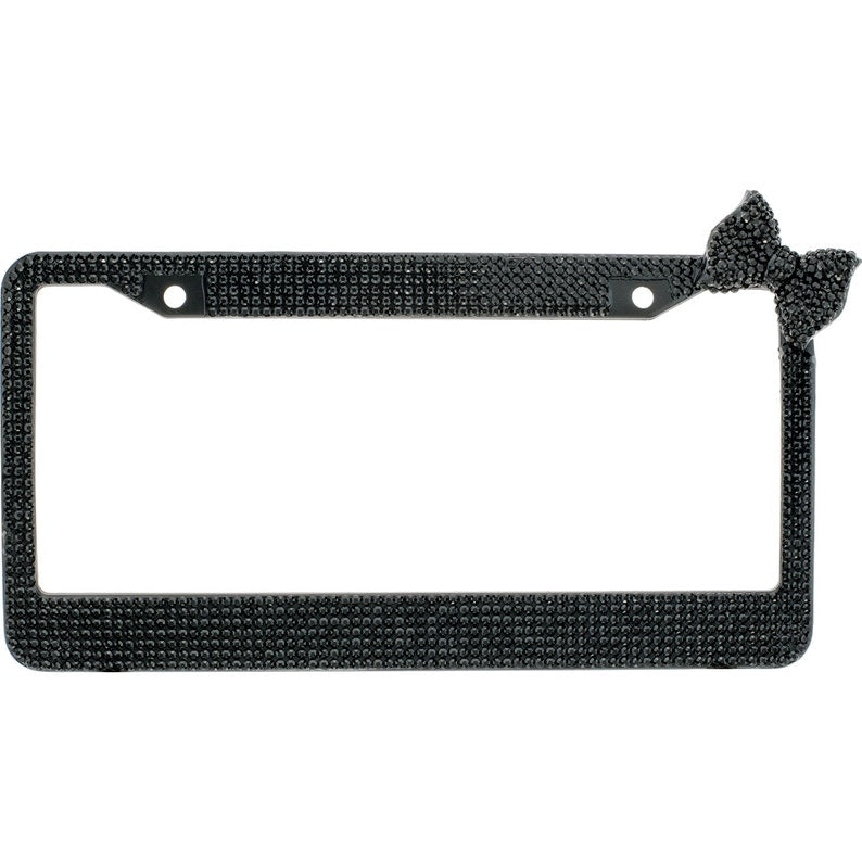 7 Rows of Black Crystal Diamond Rhinestone Bling License Plate Frame with Corner Black Bow Matching cap covers