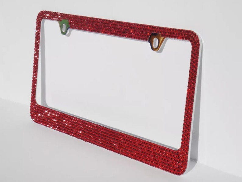 Red Rhinestone License Plate Frame, Chrome/Metal 12 Row Bling Frames Diamond Crystal Glitter Auto Accessory, Custom Decor for Car Truck Van