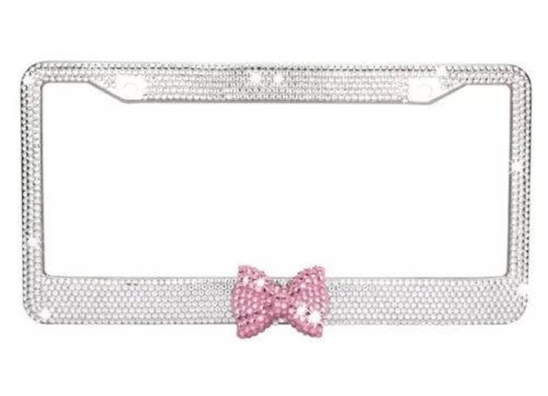 7 Rows of Crystal Diamond Rhinestone Bling License Plate Frame with Pink Bow in Middle Matching cap covers