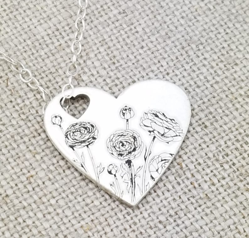Flower Heart Necklace · Cutout Heart Necklace · Handwriting Jewelry · Ranunculus Jewelry