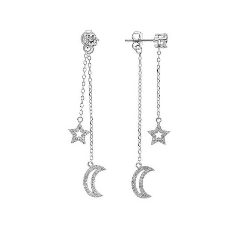 Star and Moon Dangle Earrings, Sterling Silver Solitaire and Pave CZ Charm Studs