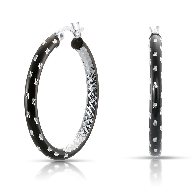 Fancy Glossy Black Sterling Silver In & Out Hoop Earrings with Hand Engraved Diamond-cuts (1.22 inch)