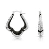 Fancy Glossy Black Sterling Silver Three-Point Hoop Earrings with Hand Engraved Diamond-cut