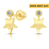 10k Yellow Gold Star and Solitaire Stud Earrings with Simulated Diamond and Secure Screw-Backs
