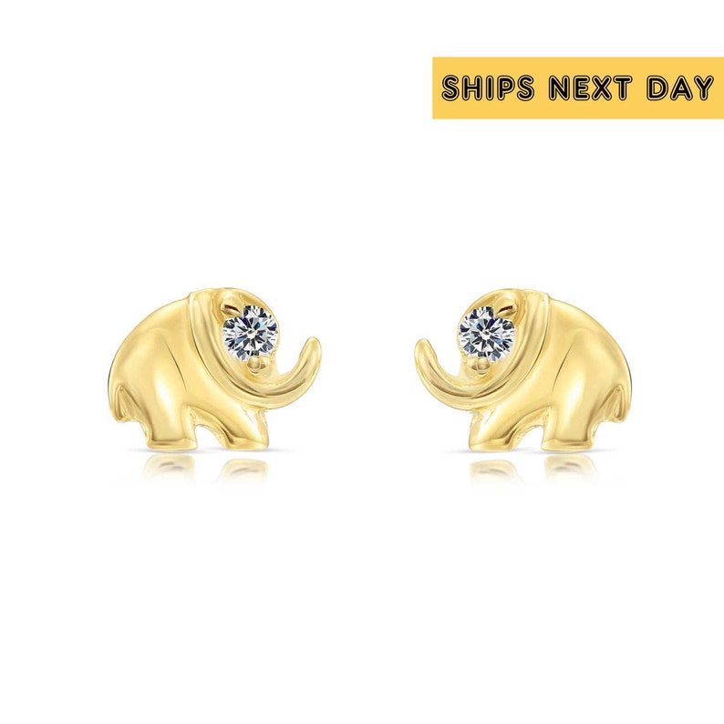 10k Yellow Gold Tiny Cute Elephant Stud Earrings with Simulated Diamond and Secure Screw-Backs