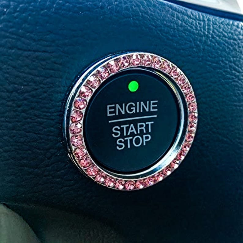 Car Bling Ring Emblem Car Accessories for Buttons & Knobs, Rhinestone Crystal Ring For Start Engine Key or Button Ignition [PINK]