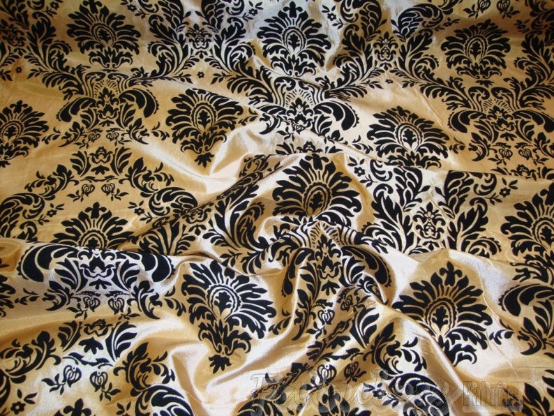 Taffeta Gold Black Flocking Damask fabric 60 inches wide per yard