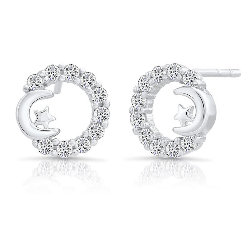 Small Open Circle With Star And Crescent Moon Cz Stud Earrings in 925 Sterling Silver, Girls Tiny Studs, Star And Moon Studs 8mm