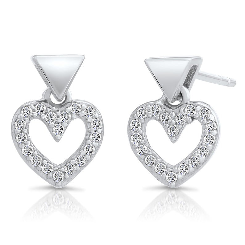 Heart Dangling Drop Stud Earrings with CZ in Sterling Silver