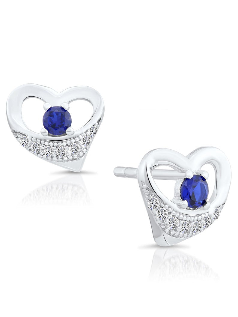 Heart Stud Earrings with Blue CZ in Sterling Silver
