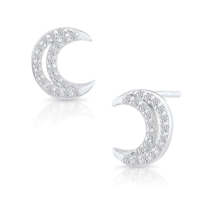 Moon CZ Stud Earrings, Petite Earrings in Sterling Silver