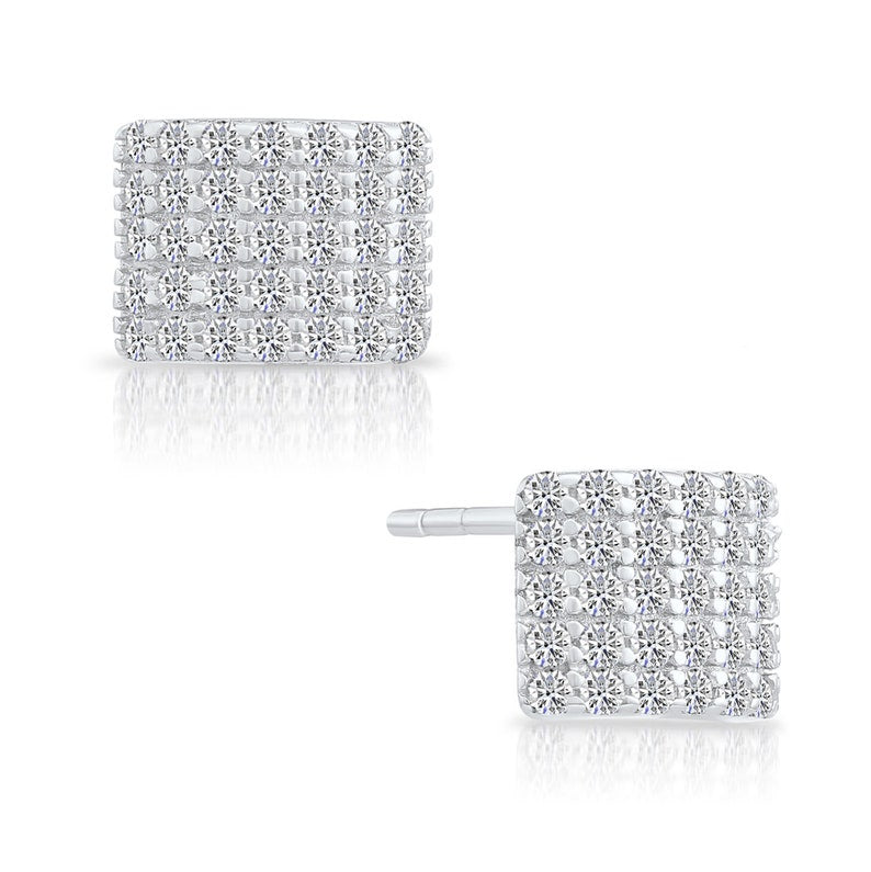 Curved Square CZ Stud Earrings in Sterling Silver