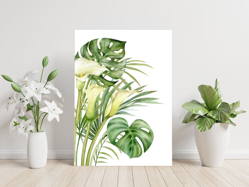 16x20 White Lillies Tropical Floral Wall Art Canvas Print