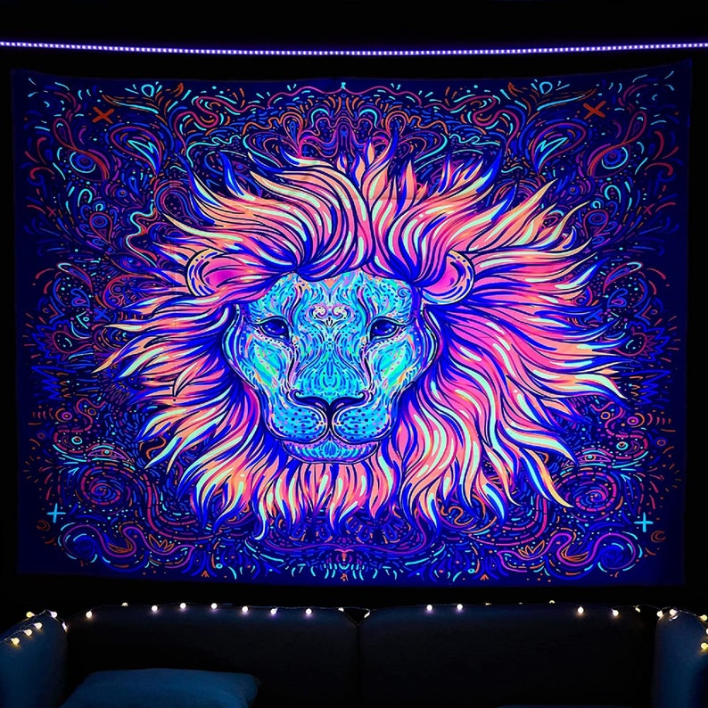 Blacklight Reactive Tapestry wall hanging Lion Decor Fluorescent Psychedelic UV Tapestry Trippy Tapestry for Bedroom Dorm Party Decor