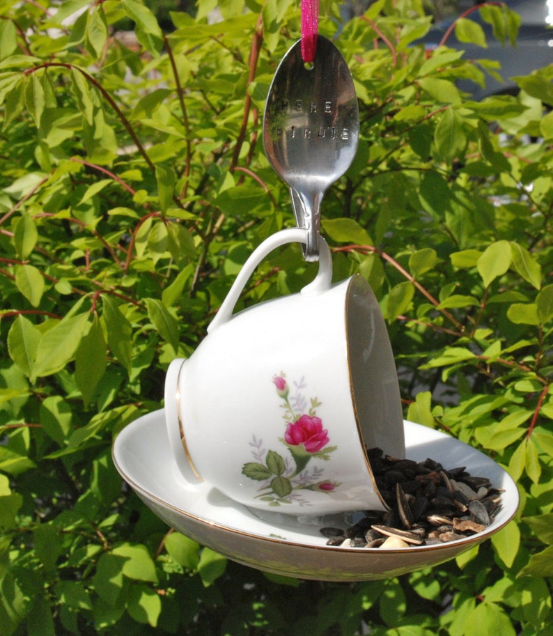 Teacup Bird Feeder with Hand Stamped Bent Spoon- Here Birdie- Perfect Gift