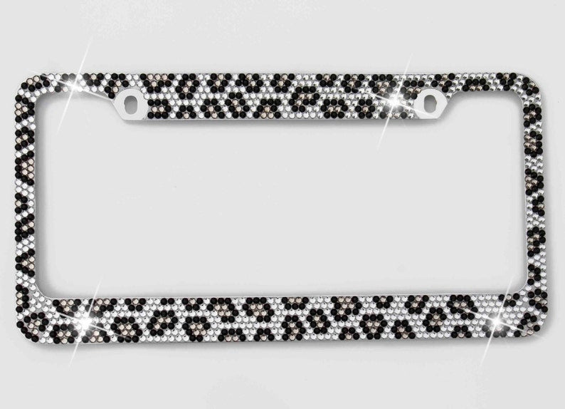 GRAY, Black & Clear Leopard Crystal License Plate Metal Frame for Car Includes Screw Caps