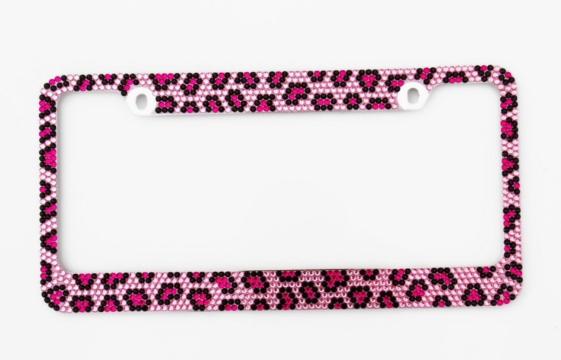 Pink Leopard Crystal License Plate Metal Frame for Car Includes Screw Caps