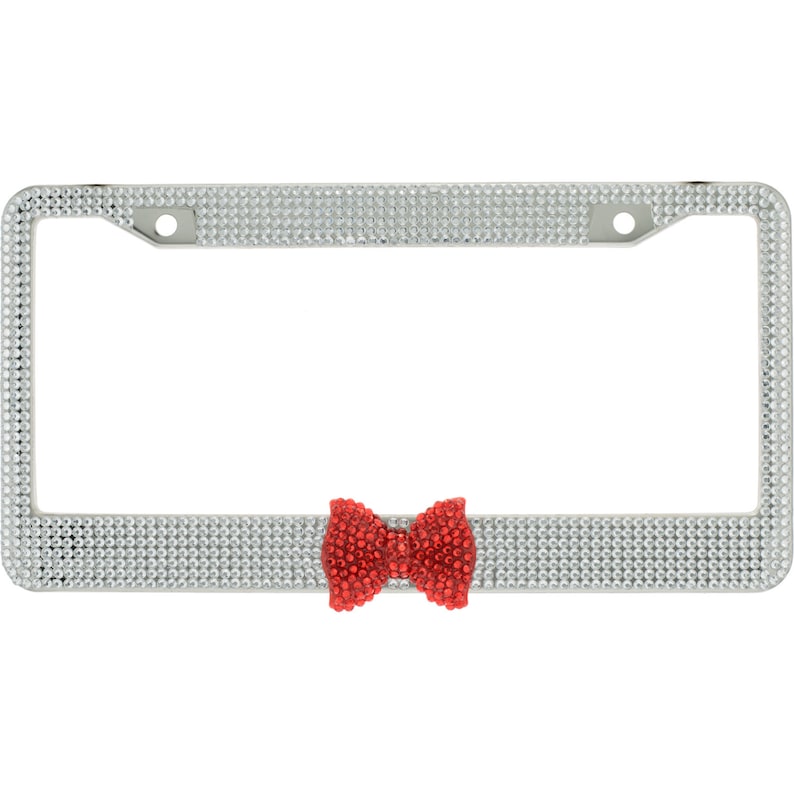 7 Rows of Crystal Diamond Rhinestone Bling License Plate Frame with Center Red Bow Matching cap covers