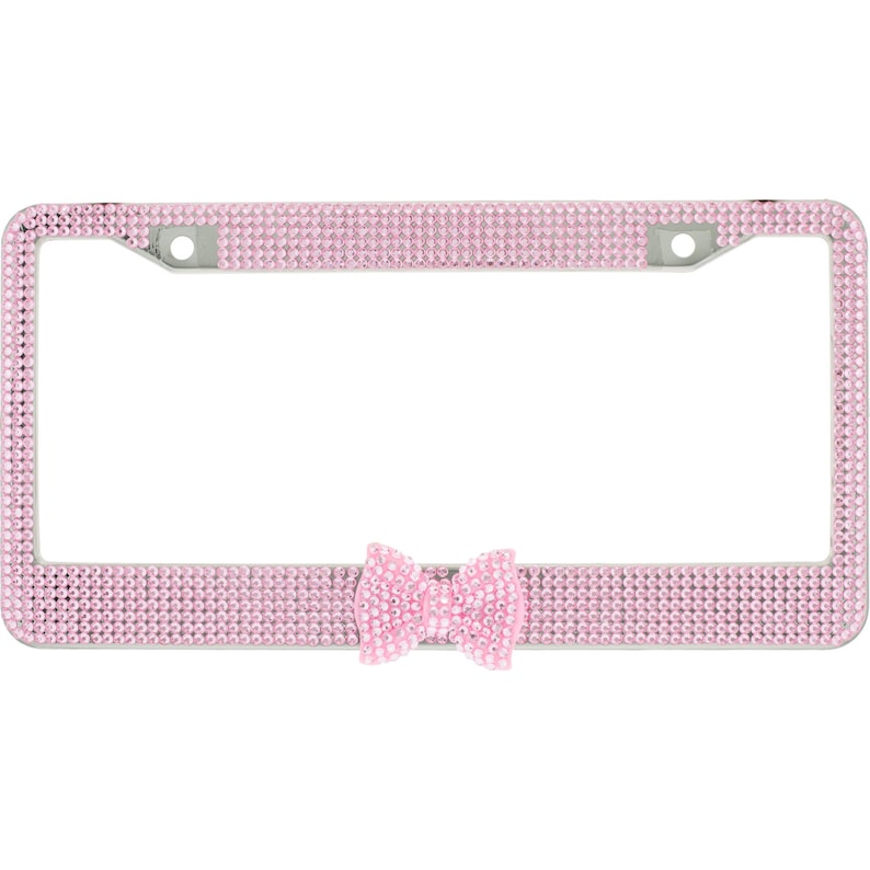 7 Rows of Pink Crystal Diamond Rhinestone Bling License Plate Frame with Center Pink Bow Matching cap covers