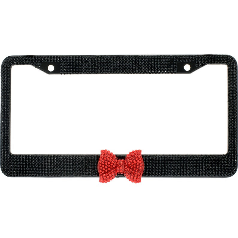 7 Rows of Black Crystal Diamond Rhinestone Bling License Plate Frame with Center Red Bow Matching cap covers