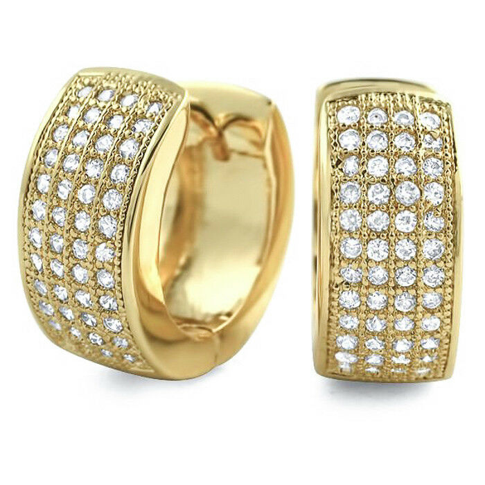 14K Gold 4 Row AAA Simulate CZ Micropave Iced Huggie Mens Womens Hoop Earrings