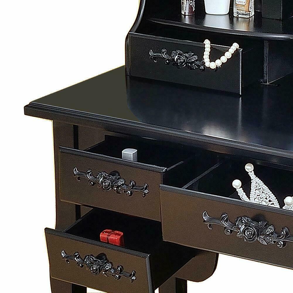 3 Mirror 7 Drawer Vanity Makeup Table Dressing Wood Desk Set with Stool black
