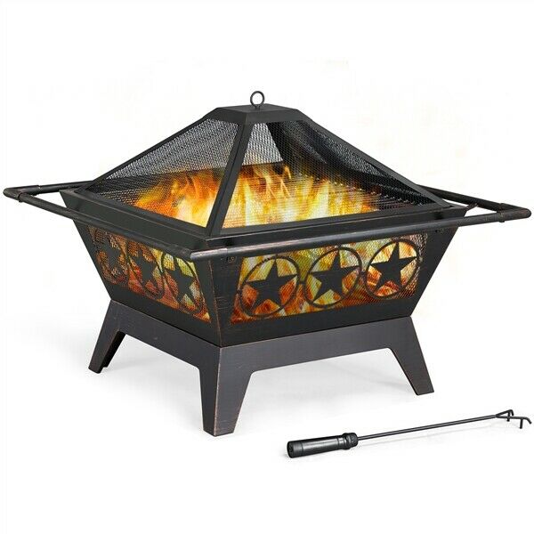 32in Fire Pit Outdoor Fire Pits Steel Fire Bowl Stove with Cooking Grills, Poker