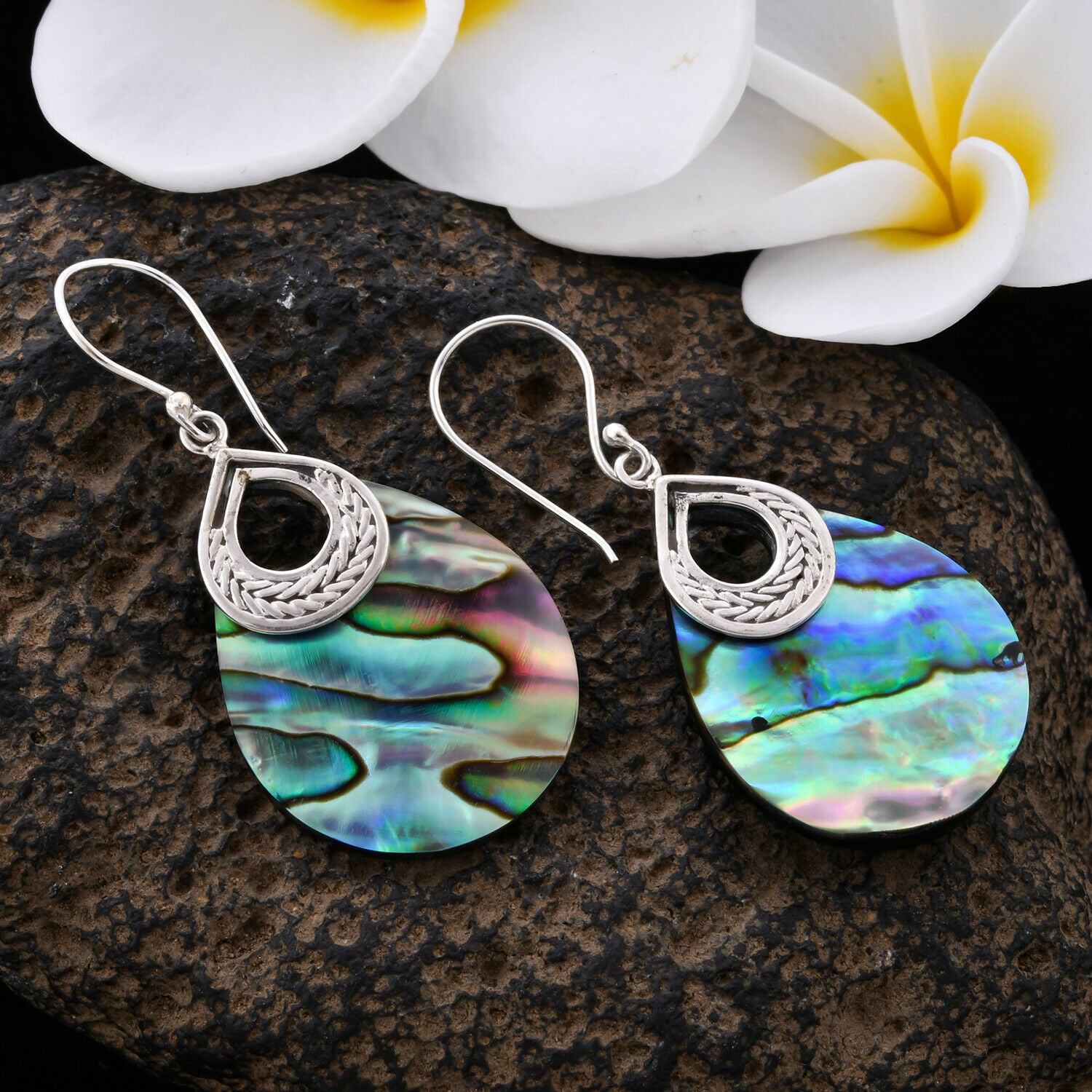 Jewelry Gift 925 Sterling Silver Abalone Shell Dangle Drop Solitaire Earrings