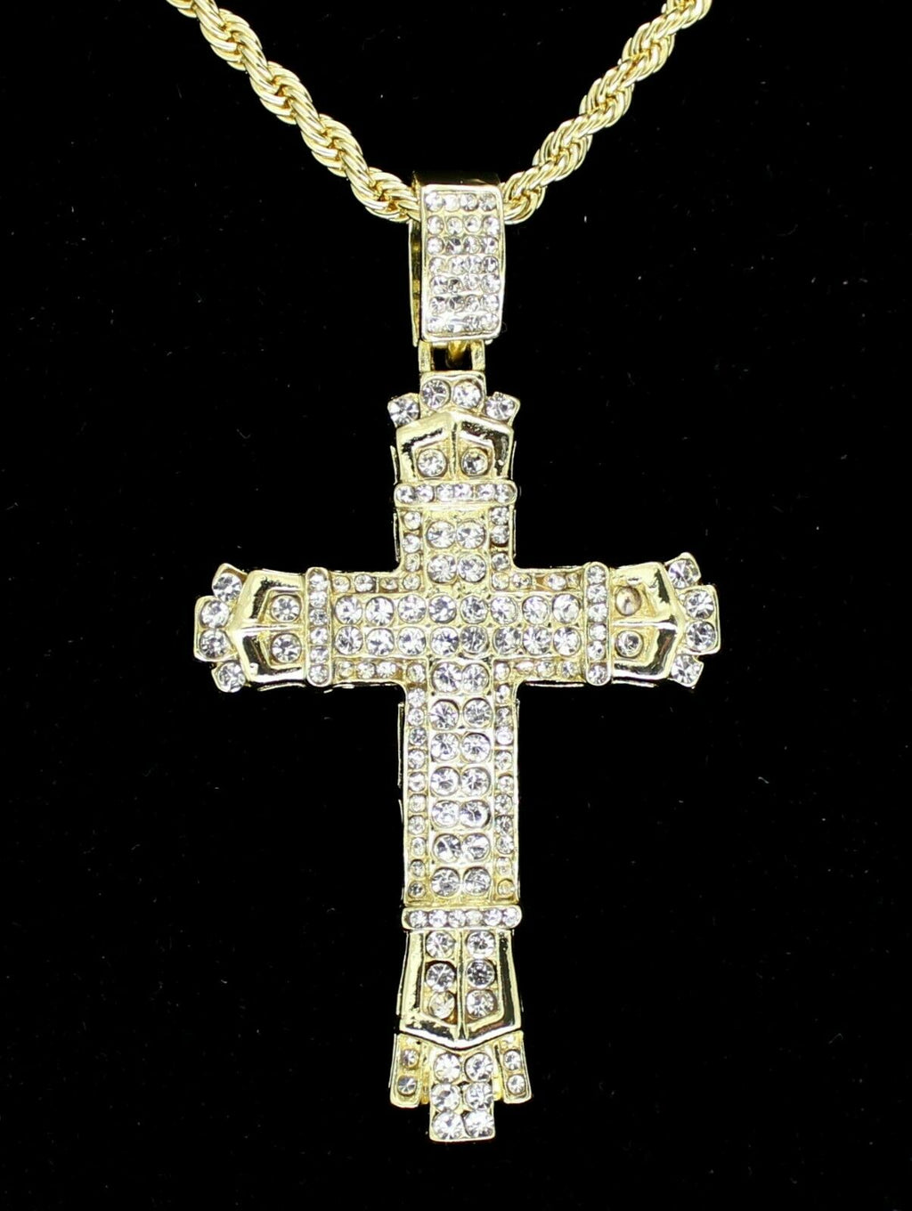 Mens Large Icy Cross Pendant 14k Gold Plated 24" Rope Chain Hip Hop Necklace