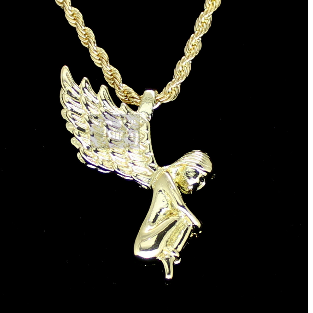 14k Gold Plated Wings Messenger Angel Pendant 24" Rope Chain Hip Hop Necklace