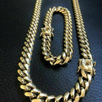 10mm Mens Miami Cuban Link Bracelet & Chain Set 14k Gold Plated Stainless Steel