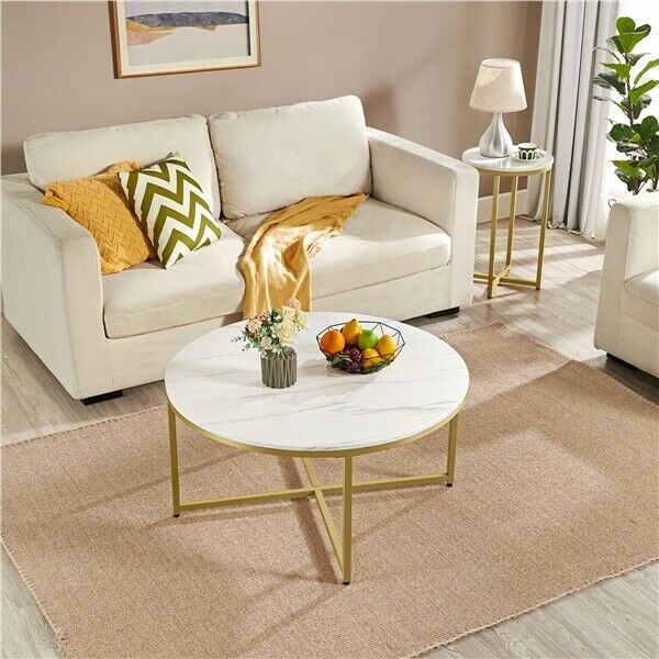 X-Base Faux Marble Coffee Table w/ Round Tabletop&Sturd