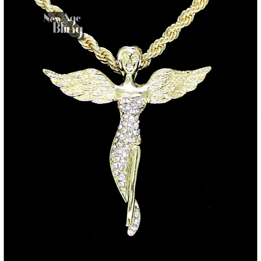 14k Gold Plated Iced Messenger Angel Pendant Cz 24" Rope Chain Hip Hop Necklace