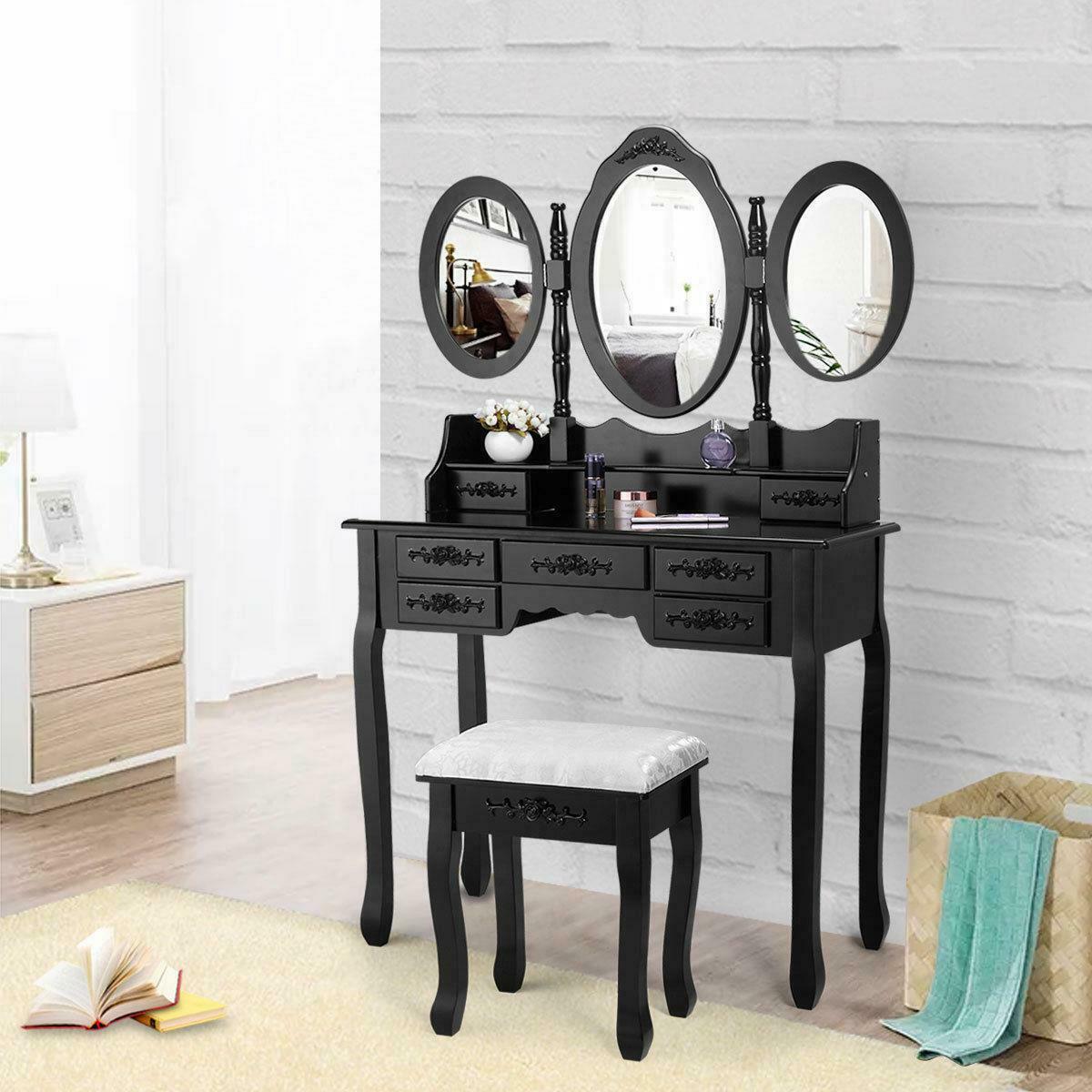 3 Mirror 7 Drawer Vanity Makeup Table Dressing Wood Desk Set with Stool black