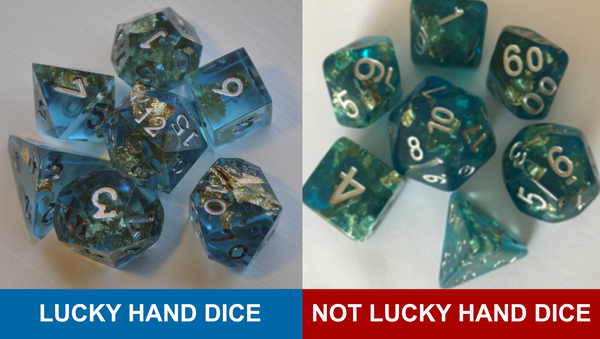 gold leaf in blue transparent resin dice. Left is lucky hand dice, right is knock off