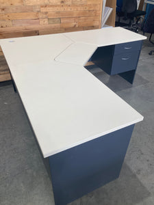 Workstation - Desk Corner Style, 1800 x 750 White With Blue Fixed Drawers