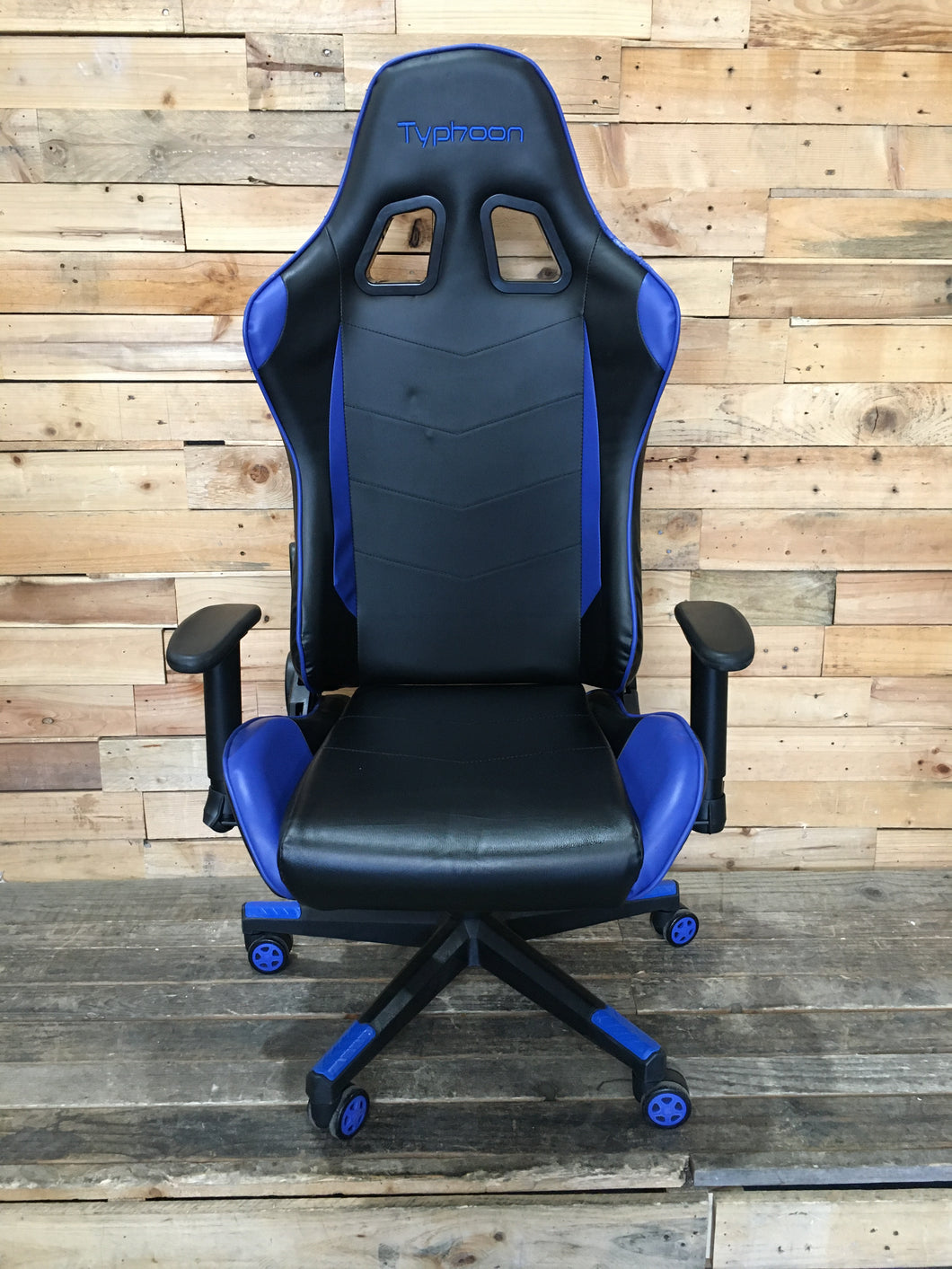 Black and Blue Gaming Chair with Blue Trim on Base
